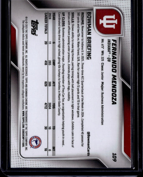 2025 Bowman University Chrome #109 Fernando Mendoza Pink Lava Refractor