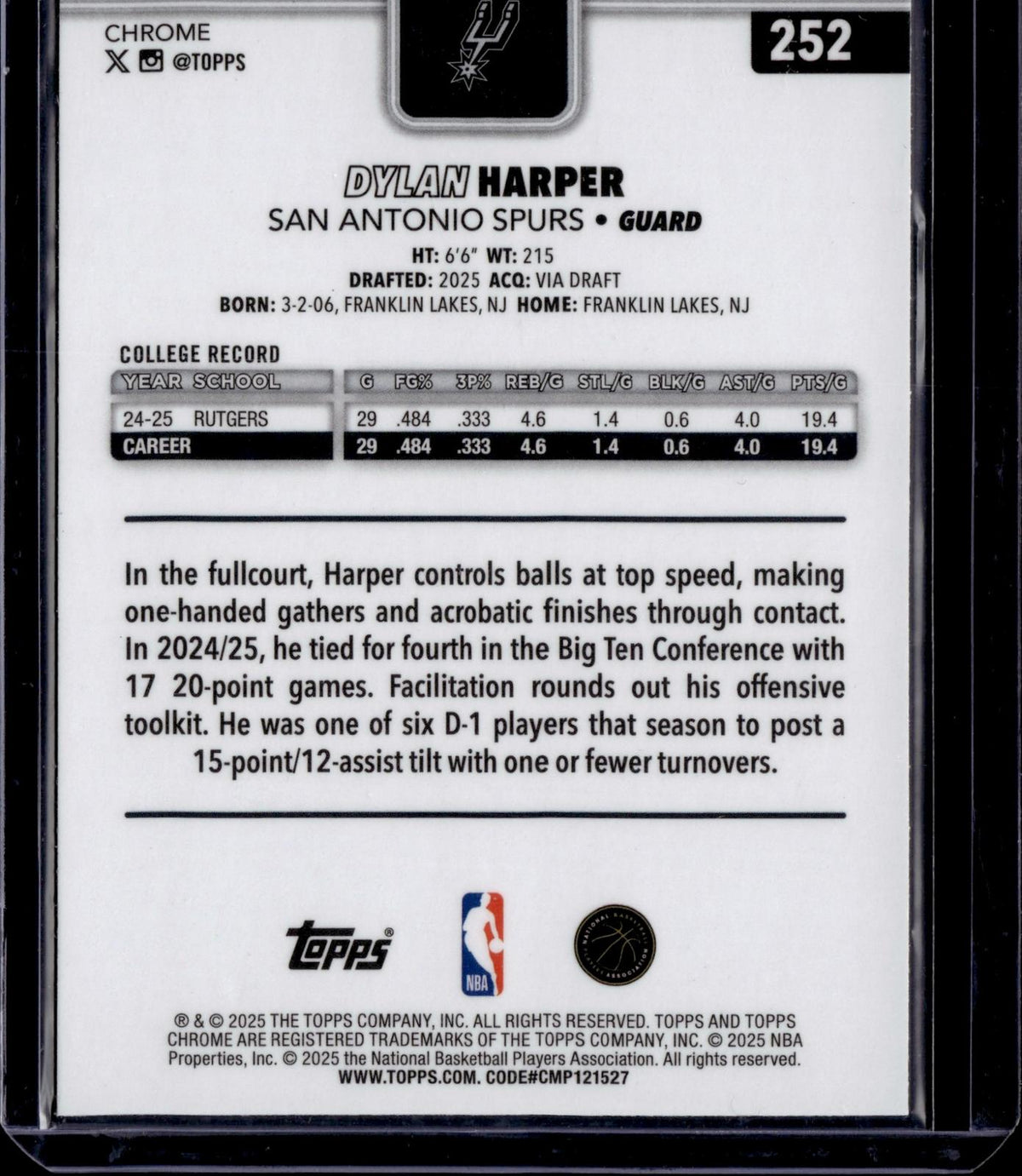 2025-26 Topps Chrome #252 Dylan Harper X-Fractor