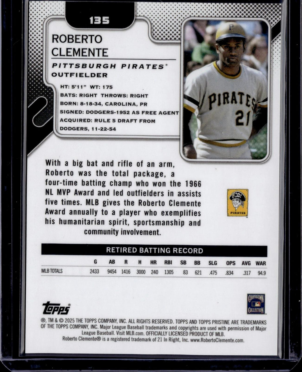 2025 Topps Pristine #135 Roberto Clemente Pristine Gold /50 Jersey #