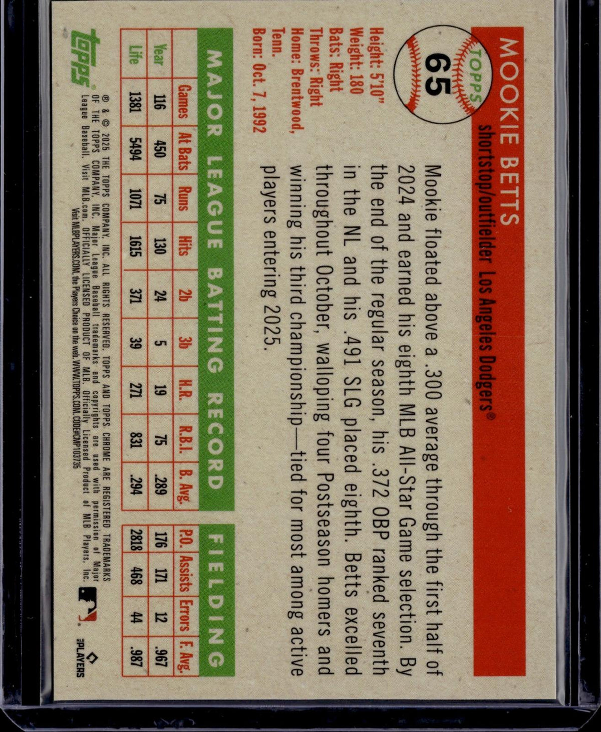 2025 Topps Chrome Platinum Mookie Betts Platinum Toile White Orange /25
