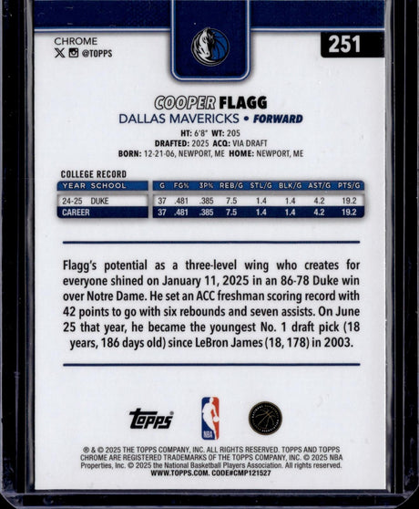 2025-26 Topps Chrome #251 Cooper Flagg Basketball Refractor