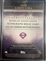 2016 Bowman Inception Aaron Nola Relic Auto Green /50