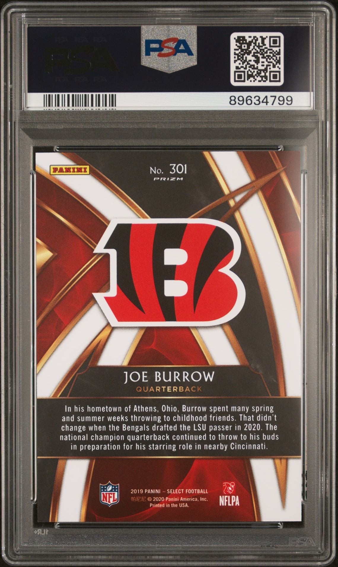 Joe Burrow 2019 Panini Select 2020 XRC Prizm Redemption #301 - [PSA Graded 10] - Back