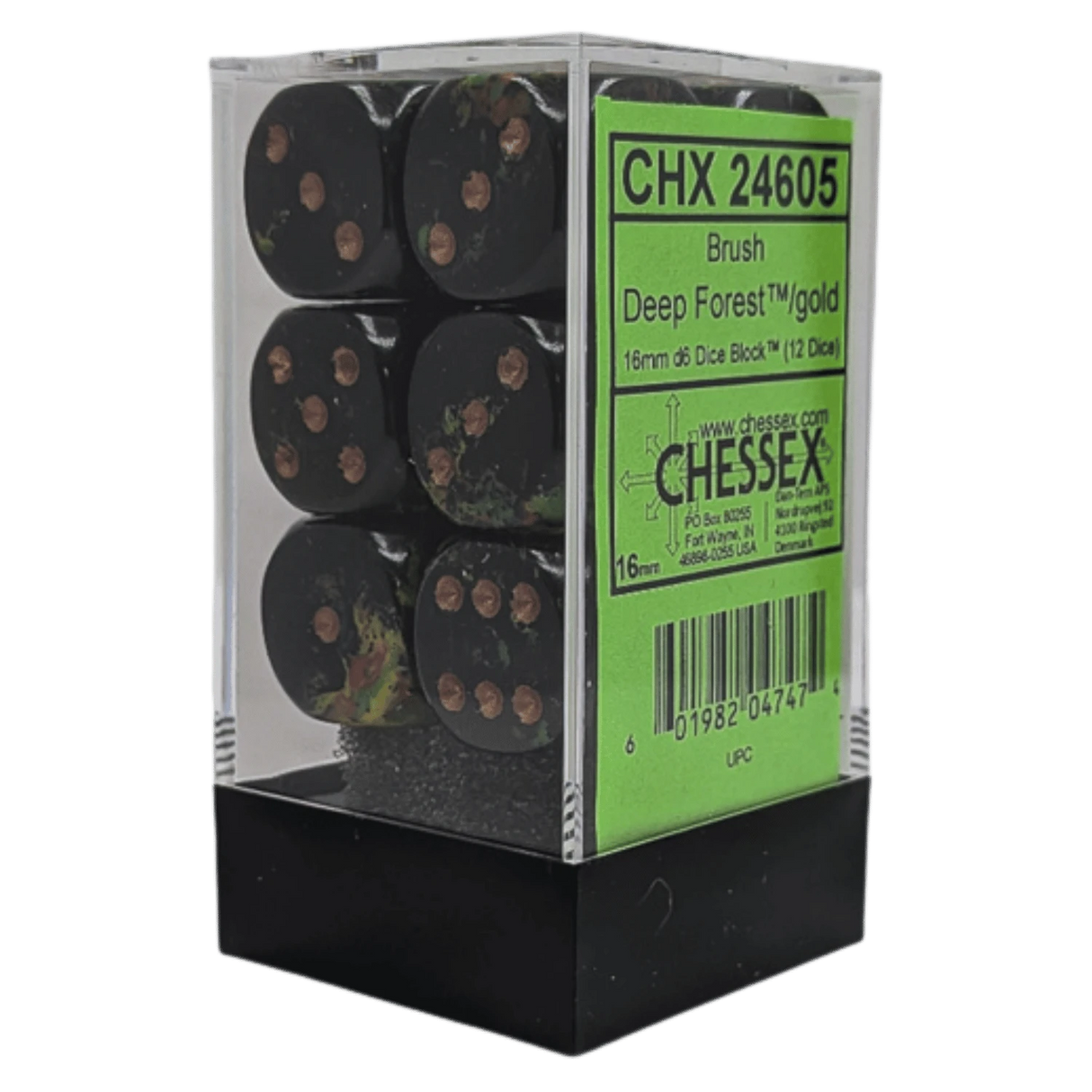 Brush Deep Forest/gold 16mm D6 Dice Block (12 Dice) - Chessex