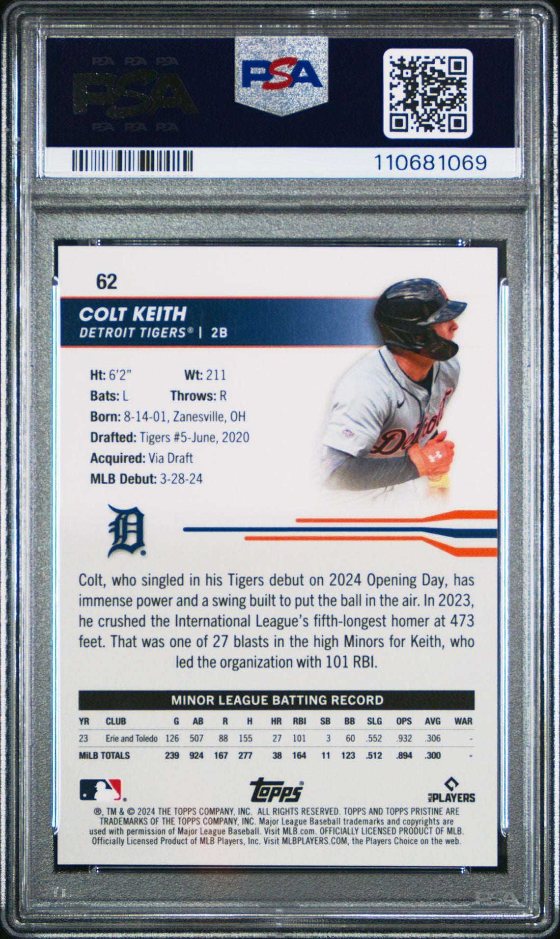 Colt Keith 2024 Topps Pristine #62 Pink Refractor - [PSA Graded 10] - Back