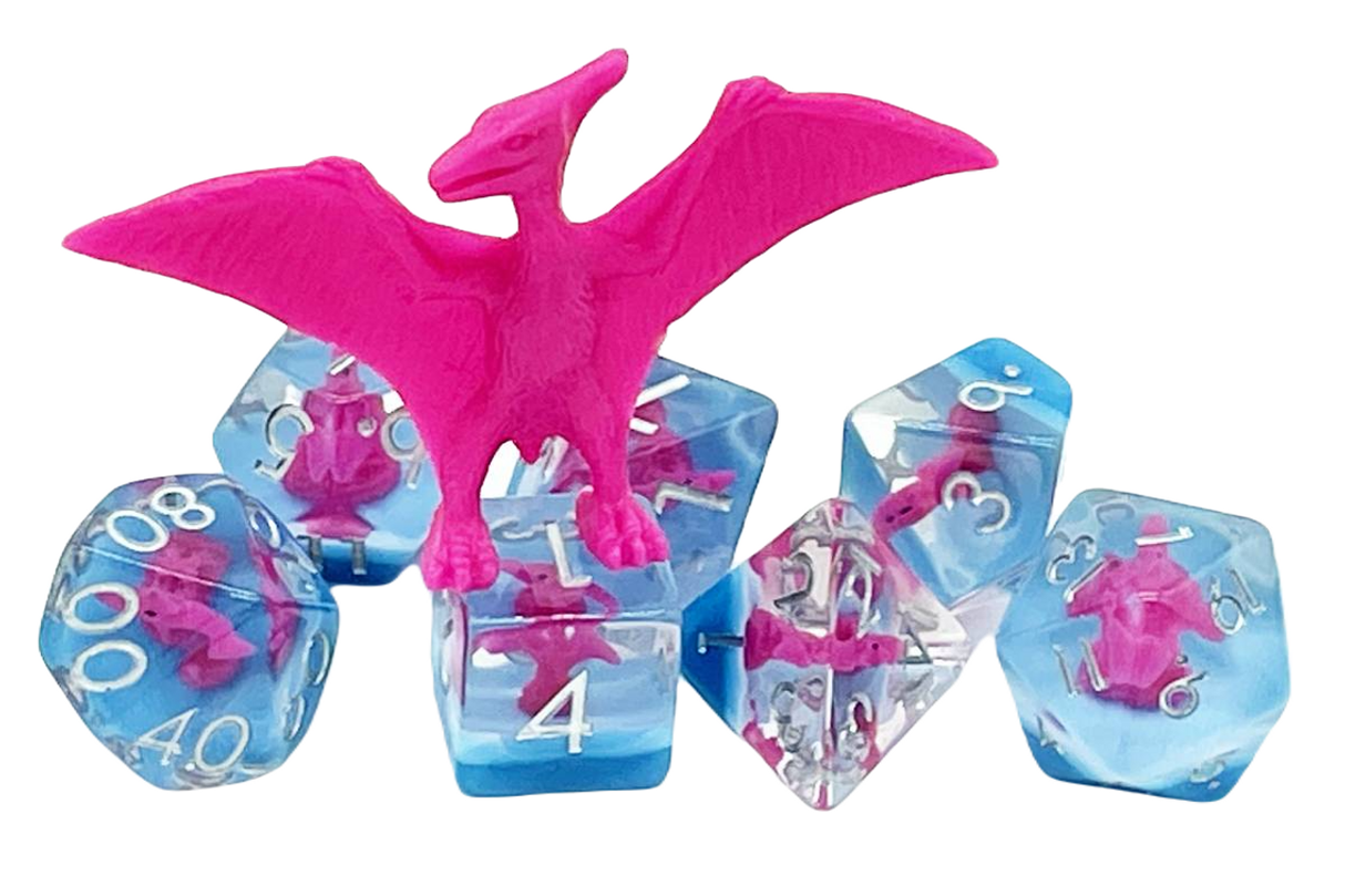 Old School 7 Piece DnD RPG Dice Set: Animal Kingdom - Pterodactyl - Pink w/ Blue