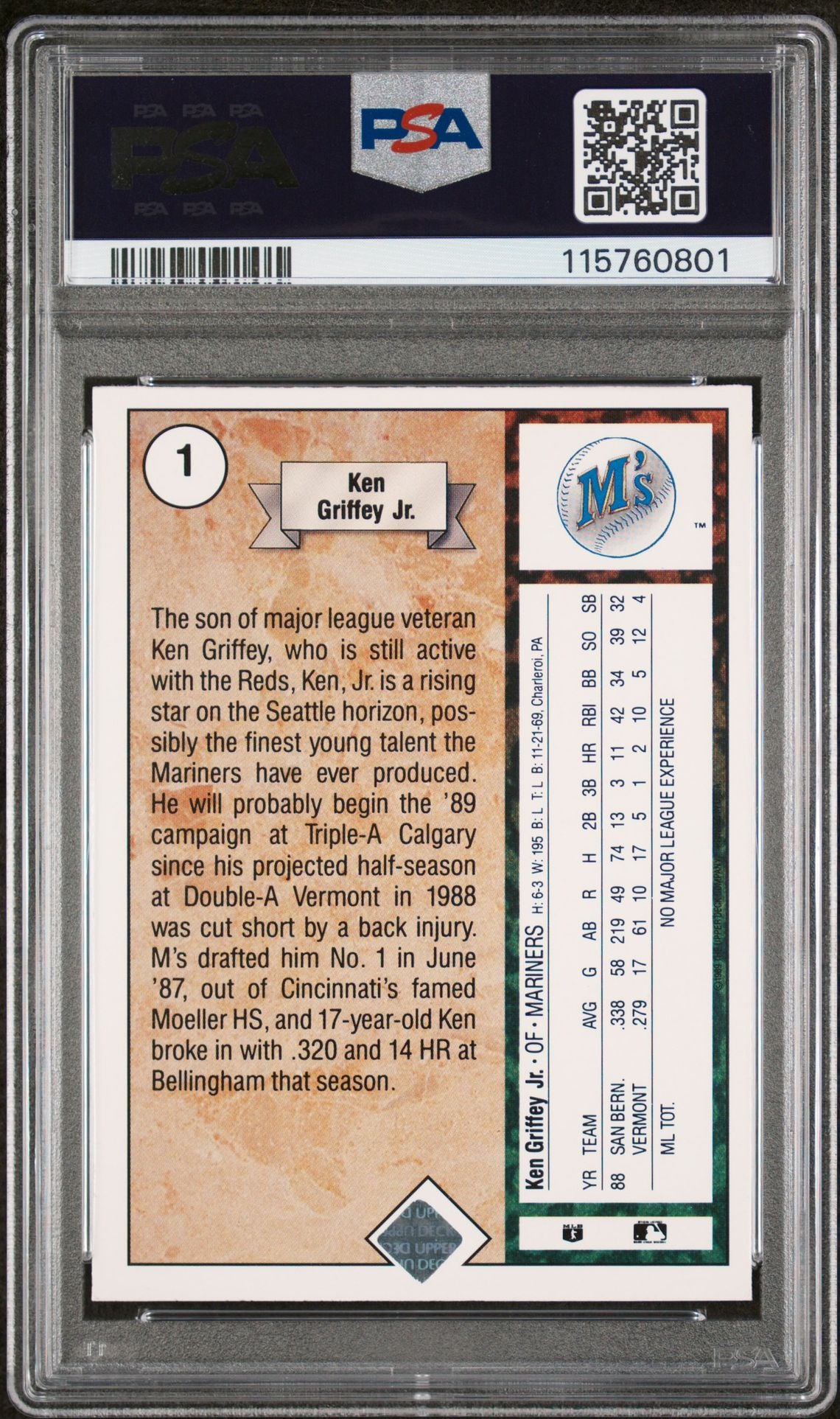 Ken Griffey Jr. 1989 Upper Deck #1 Star Rookie - [PSA Graded 5] - Back
