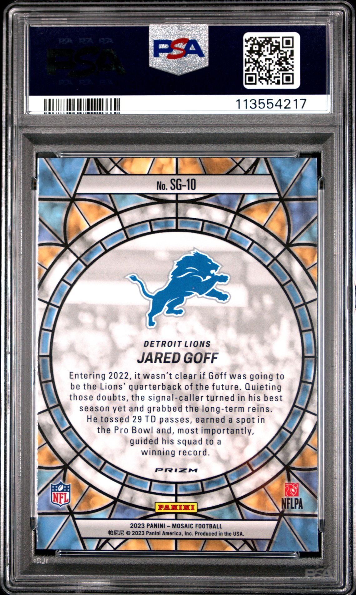 Jared Goff 2023 Panini Mosaic Stained Glass #SG10 - [PSA Graded 10] - Back