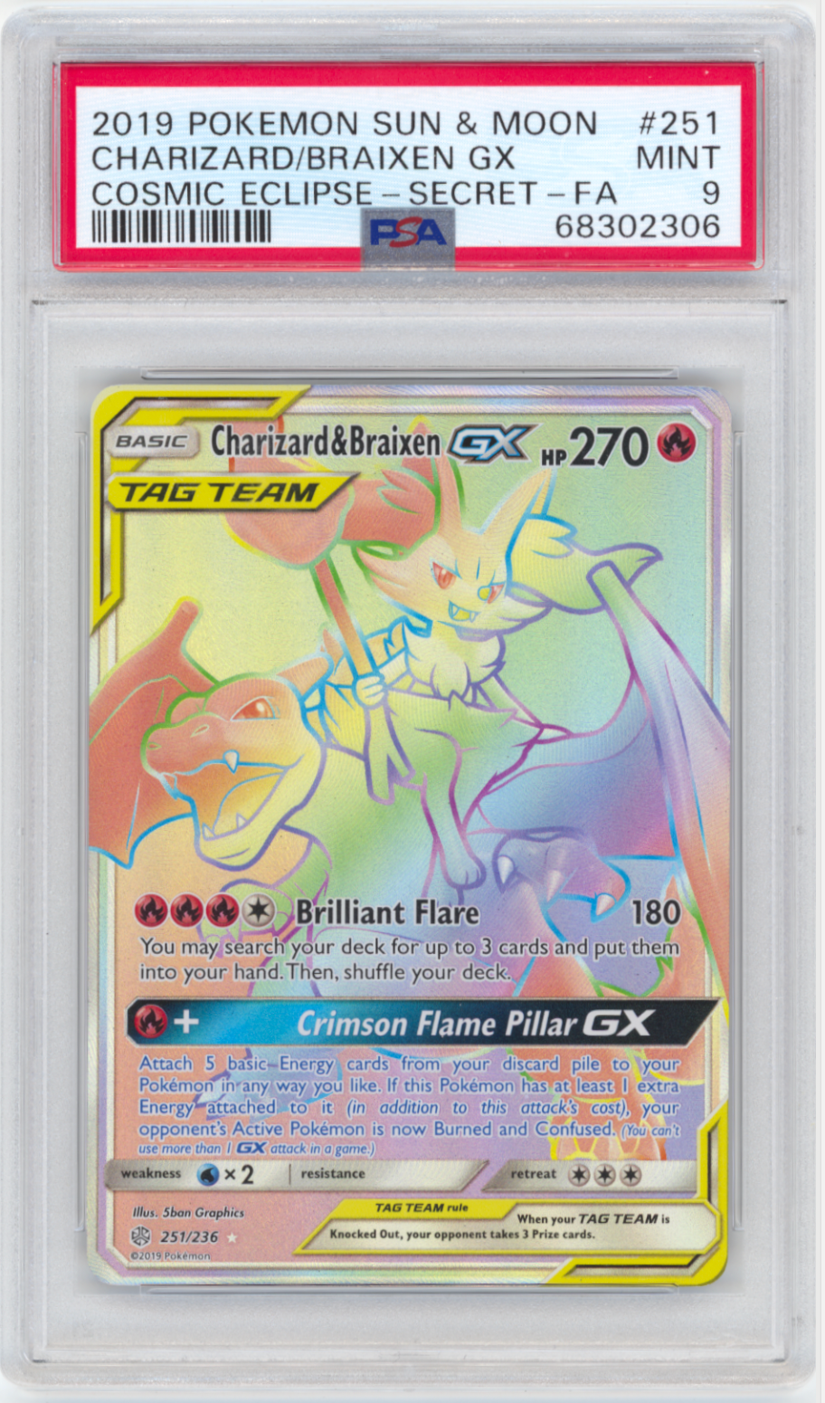 Charizard & Braixen GX (Secret) #251 - [Graded PSA 9] SM - Cosmic Eclipse (SM12)