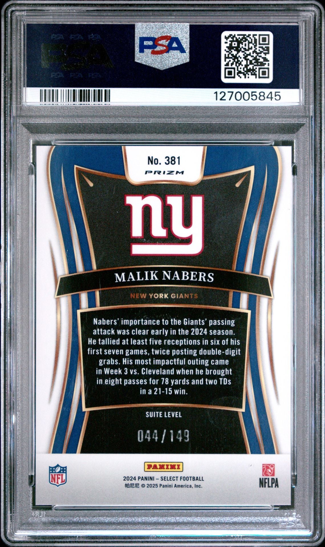 Malik Nabers 2024 Panini Select #381 Tri-Color Prizm - [PSA Graded 10] - Back