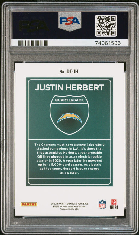 Justin Herbert 2022 Panini Donruss Downtown #DTJH - [PSA Graded 9] - Back