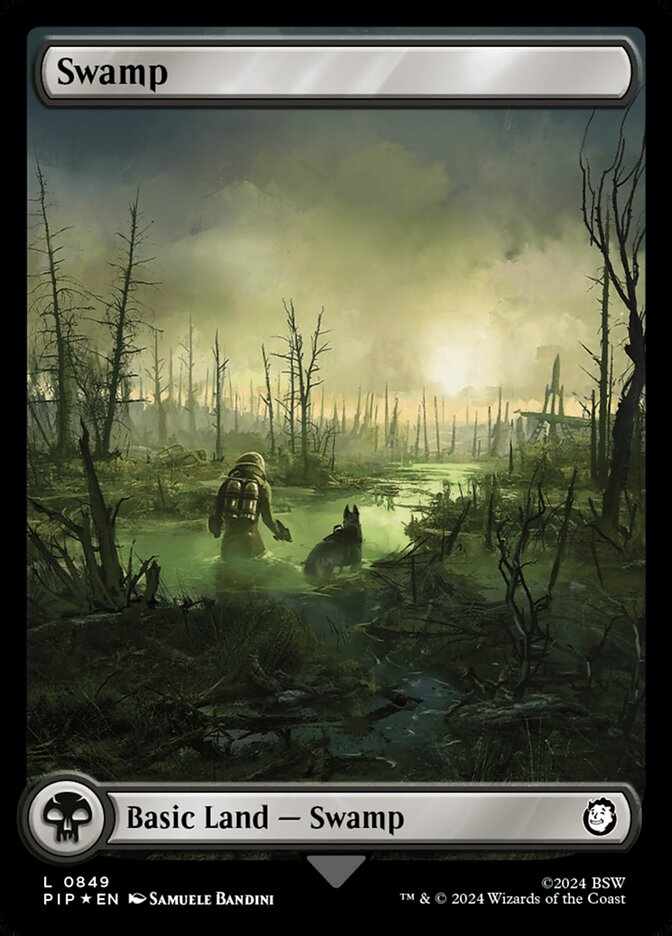 Swamp (849) - [Surge Foil, Full Art] Fallout (PIP)