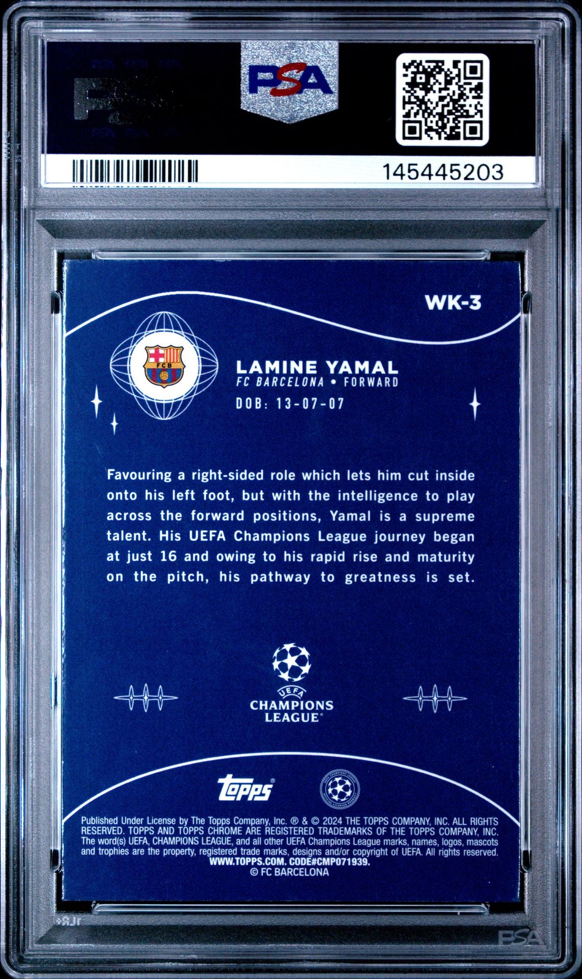 Lamine Yamal 2023-24 Topps Chrome UEFA Club Competitions Wonderkids #WK3 - [PSA Graded 9] - Back