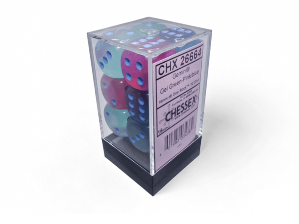 Gemini Gel Green-Pink/blue 16mm D6 Dice Block (12 Dice) - Chessex
