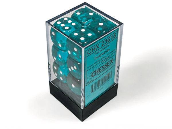 Translucent Teal/white 16mm D6 Dice Block (12 Dice) - Chessex