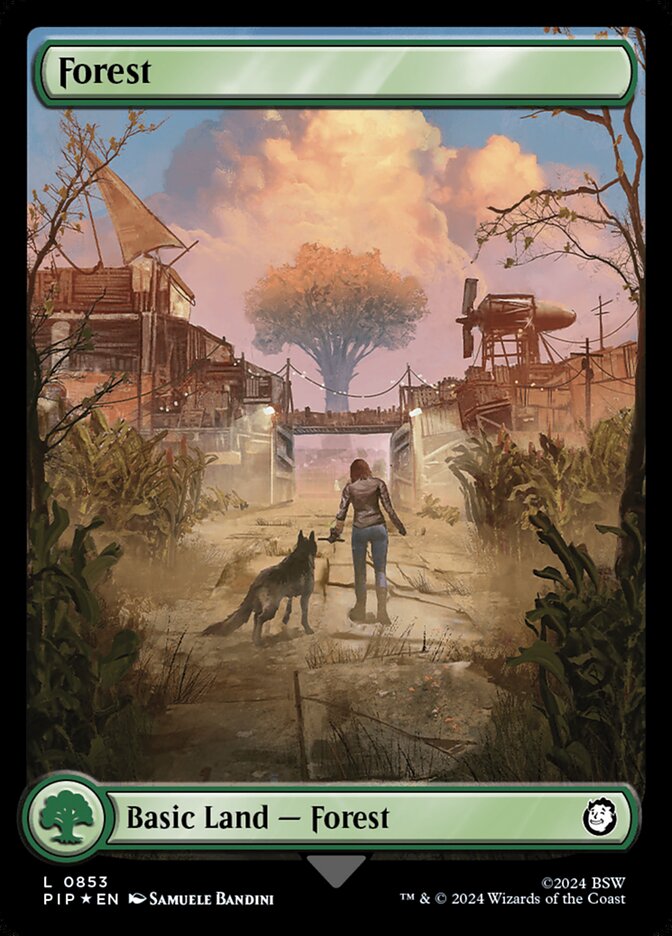 Forest (853) - [Surge Foil, Full Art] Fallout (PIP)