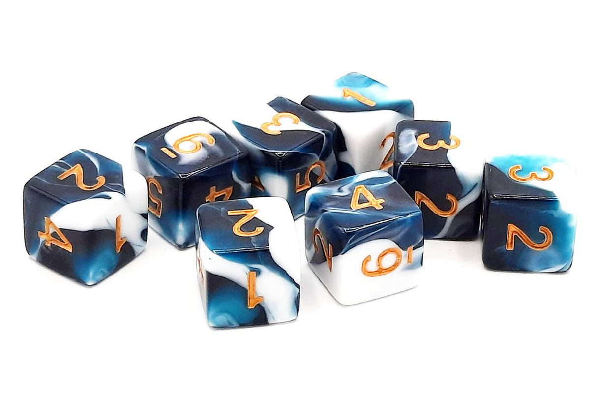 Old School Dice: D6 8-Piece Dice Set - Vorpal - Dark Blue & White w/ Gold