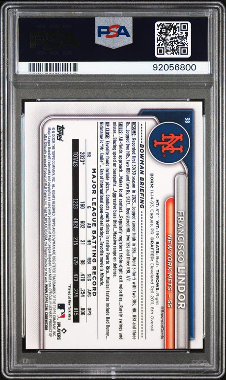 Francisco Lindor 2024 Bowman #38 Orange - [PSA Graded 8] - Back