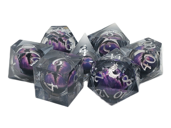 Old School Dice: Sharp Edged 7-Piece Dice Set - Liquid Infused - Serpent's Eye - Black w/ Purple Eye