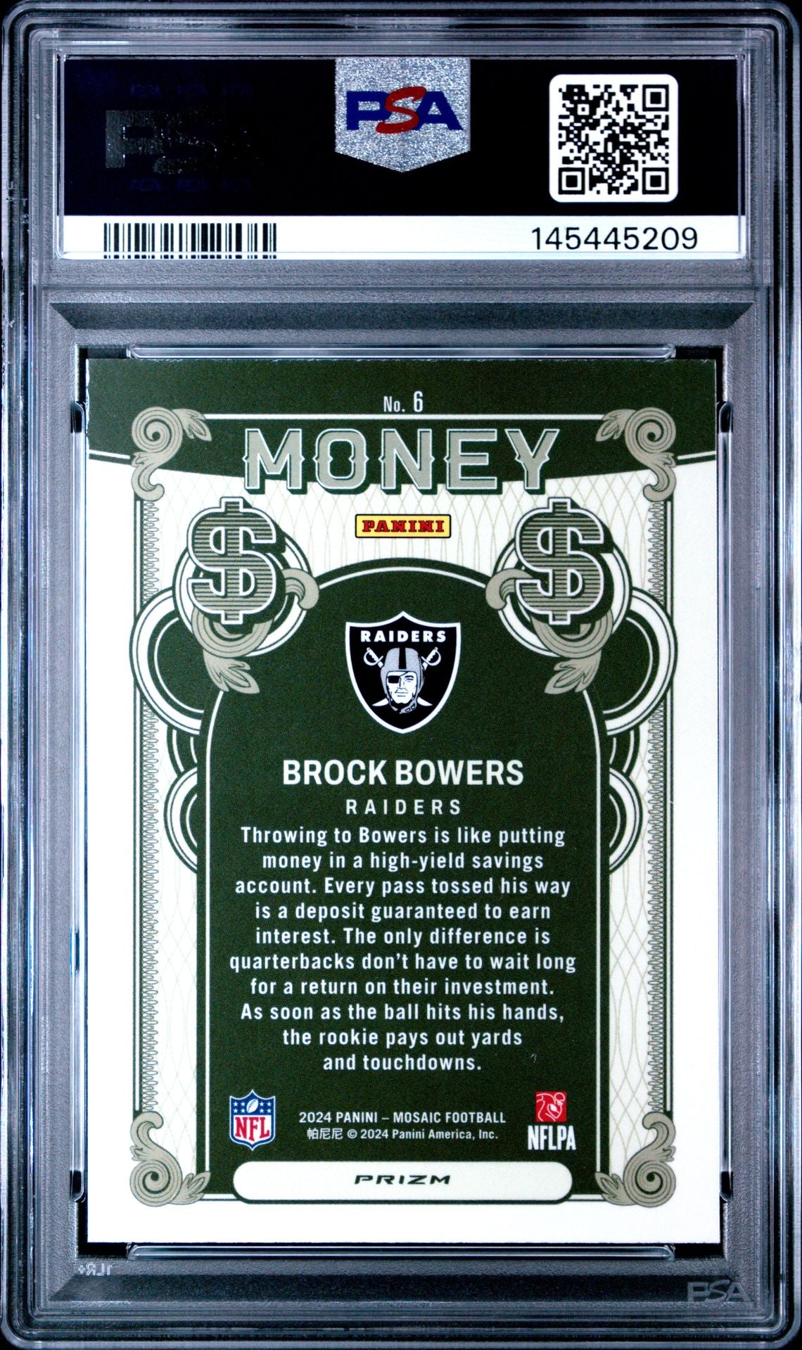 Brock Bowers 2024 Panini Mosaic Money #6 - [PSA Graded 10] - Back
