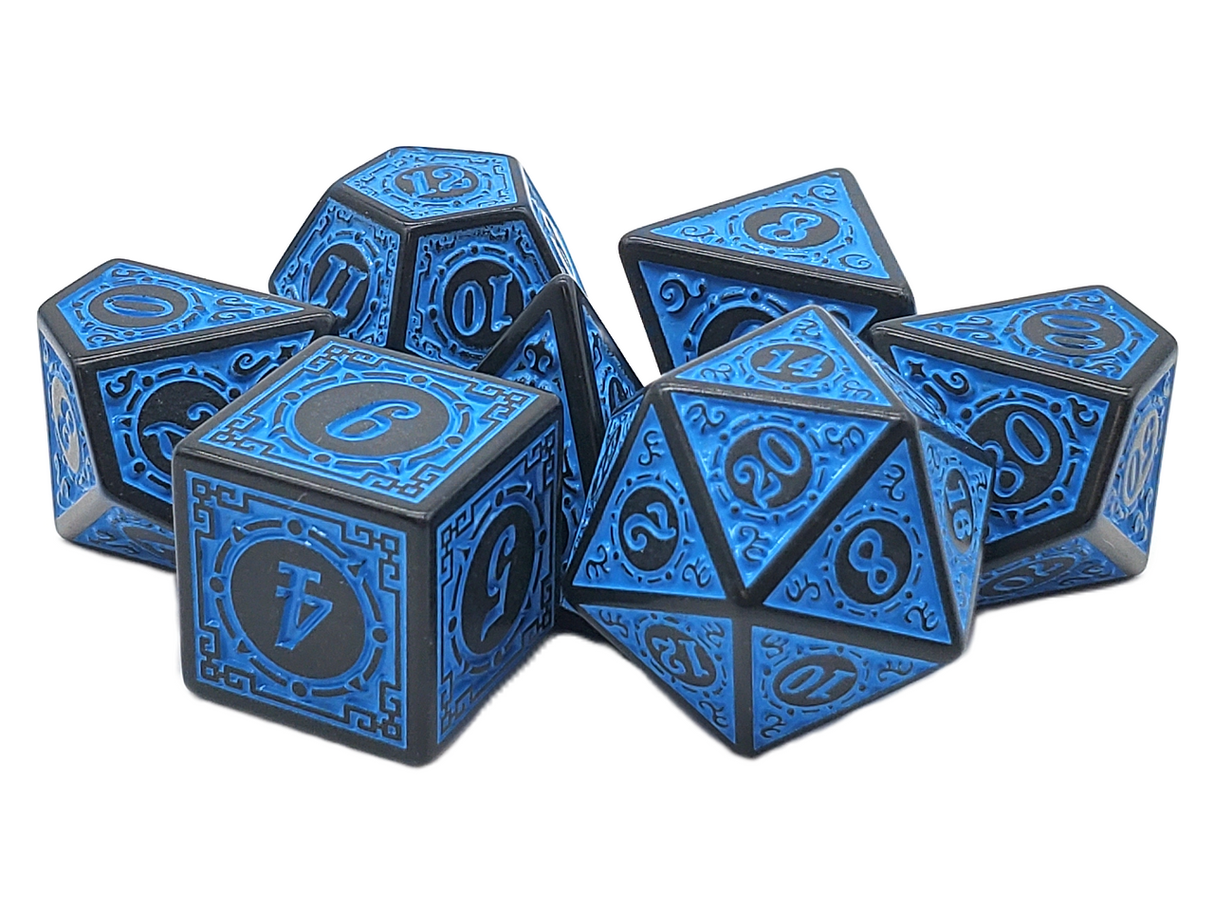 Old School 7 Piece DnD RPG Dice Set: Rune Dice - Magical Runes - Blue