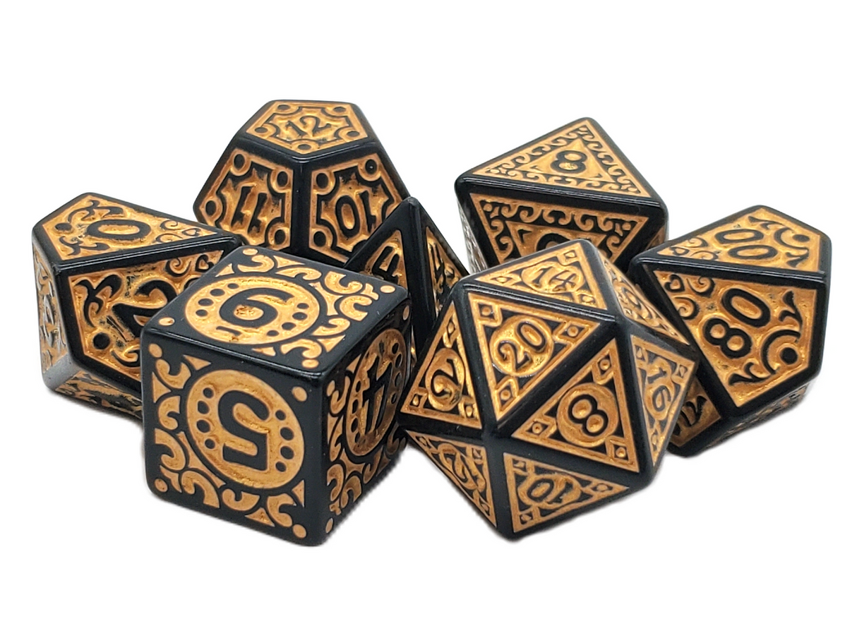 Old School 7 Piece DnD RPG Dice Set: Rune Dice - Magical Runes - Gold