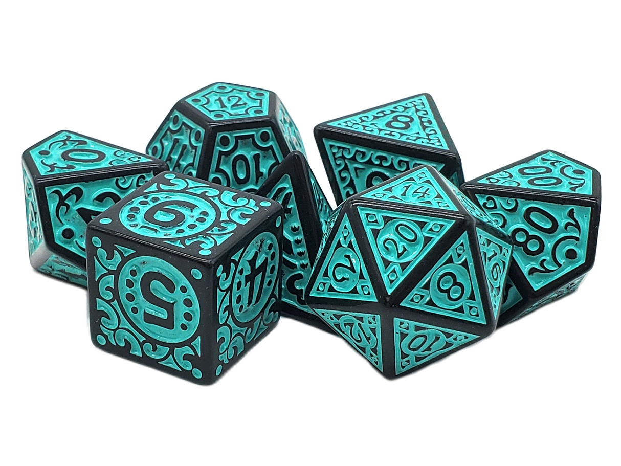 Old School 7 Piece DnD RPG Dice Set: Rune Dice - Magical Runes - Teal