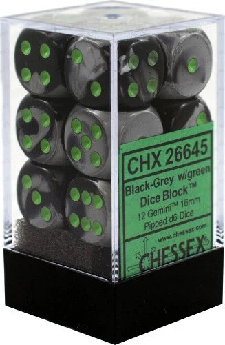 Opaque Black/green 16mm D6 Dice Block (12 Dice) - Chessex