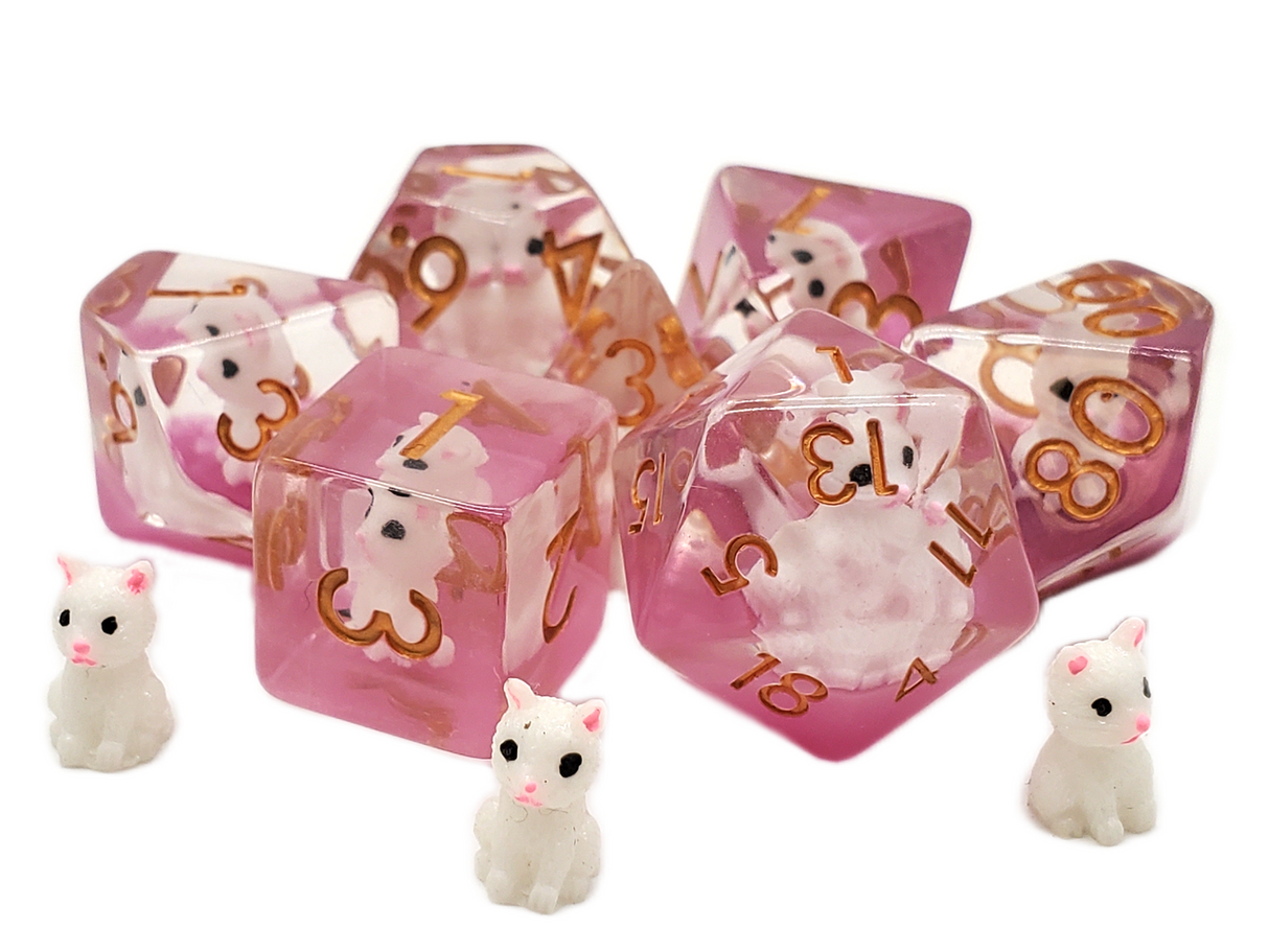 Old School 7 Piece DnD RPG Dice Set: Animal Kingdom - Cat - White w/ Pink