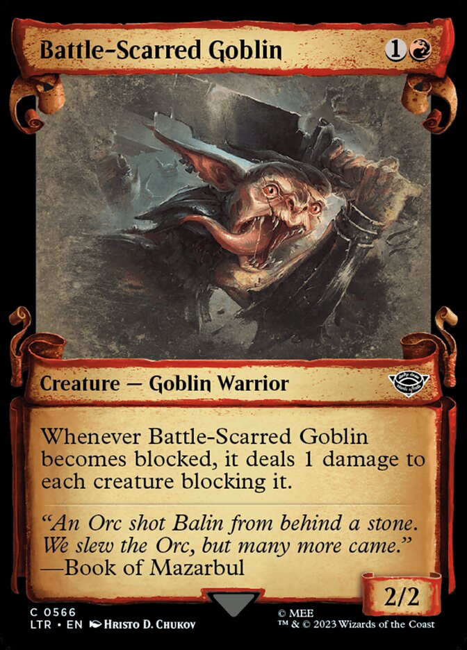 Battle-Scarred Goblin - [Foil, Showcase Scroll] The Lord of the Rings: Tales of Middle-earth (LTR)